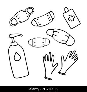 Jeu de caniche de protection médicale. Masques dessinés à la main, gants, savon, désinfectant pour les mains. Moyens de protection contre les virus, la saleté, les bactéries, les germes. Vecteur S Illustration de Vecteur