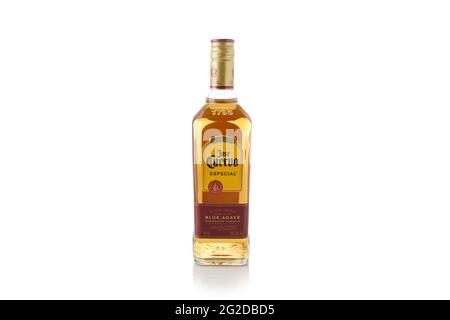 Bouteille de tequila d'or jose cuervo sur fond blanc. Boisson alcoolisée Banque D'Images