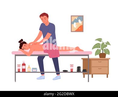 Massothérapie, traitement de médecine de bien-être dans un salon médical, thérapeute massant la femme Illustration de Vecteur