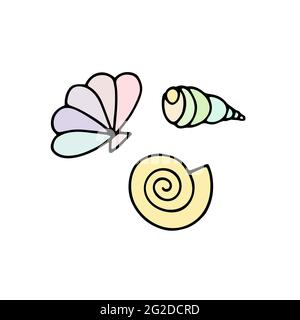 Ensemble d'été vectoriel de coquillages. Pastel mermaid couleur des escargots de mer isolés sur fond blanc. Collection de coquillages pâles de dessin animé pour les vacances d'été decoratio Illustration de Vecteur