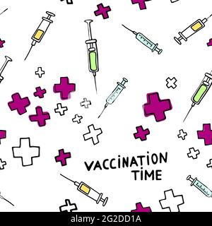 Il est temps de se faire vacciner. Motif médical couleur sans couture. Grippe et autres maladies, prévention des maladies, soins de santé. Image vectorielle avec pharmaceutique Illustration de Vecteur