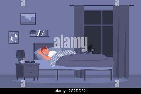 Jeune homme dormant au coucher tard dans la nuit, un homme endormi allongé dans un lit confortable Illustration de Vecteur