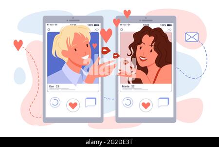 Les utilisateurs de l'application de rencontres romantiques en ligne qui discutent sur les réseaux sociaux, les bulles de conversation sur les téléphones Illustration de Vecteur