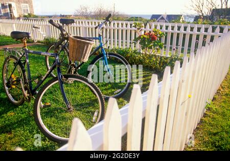 Bicyclettes à Yard à Siasconset (Sconset), Nantucket Island, Massachusetts, États-Unis Banque D'Images