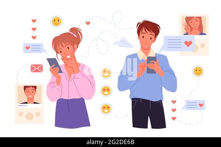 Couple personnes datant en ligne, chat en messagerie en utilisant des émoticônes de coeur, tenant des téléphones Illustration de Vecteur