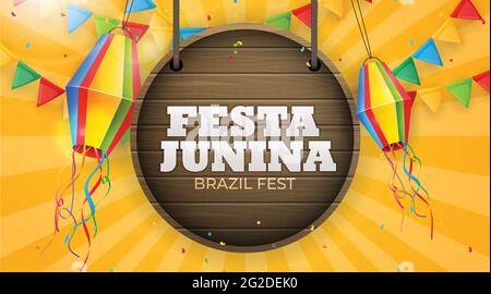 Festa Junina fond avec drapeaux de fête, lanterne. Festival du Brésil de juin fond pour carte de vœux, invitation en vacances. Illustration vectorielle Illustration de Vecteur