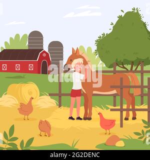Un enfant heureux passe du temps avec des animaux de ferme domestiques, un garçon fermier embrassant un cheval mignon Illustration de Vecteur
