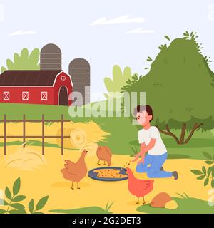 Alimentation des oiseaux de ferme, paysage de village, garçon heureux aidant à nourrir les poulets dans la cour de la ferme Illustration de Vecteur