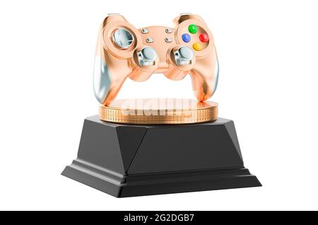 Le concept de la médaille d'or de la manette de jeu. Rendu 3D isolé sur fond blanc Banque D'Images