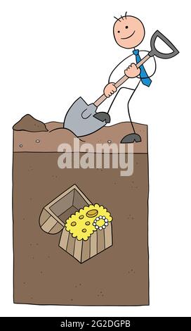 Stickman homme d'affaires personnage creusant le sol et grand Trésor sous le sol, illustration de dessin animé vectoriel. Contour noir et couleur. Illustration de Vecteur
