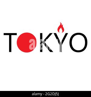 Caractères Tokyo stylisés avec drapeau japonais et flamme olympique sur fond blanc. Bienvenue au Japon pour les XXXII Jeux Olympiques de 2021. Pour logos, autocollants Illustration de Vecteur