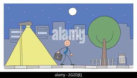 Stickman homme d'affaires personnage marchant dans la rue la nuit, illustration de dessin animé vectoriel. Contour noir et couleur. Illustration de Vecteur