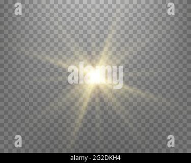 Lumière du soleil, flash solaire avec rayons et projecteur. Explosion d'or brillant sur un fond transparent. Illustration vectorielle. Illustration de Vecteur