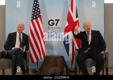 Carbis Bay, Royaume-Uni. 10 juin 2021. Le président des États-Unis, Joe Biden, et le premier ministre, Boris Johnson, du Royaume-Uni, se rencontrent en prévision du Sommet des dirigeants du G7 à Carbis Bay, à Cornwall, au Royaume-Uni, le 10 juin 2021. Photo par Andrew Parsons/No 10 Downing Street/UPI crédit: UPI/Alamy Live News Banque D'Images