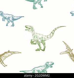 Motif d'arrière-plan vectoriel de dinosaures tracé à la main sans couture. Tyrannosaurus, Velociraptor et Pterodactyl Colorful Sketches Card, Wrapping ou Cover Illustration de Vecteur