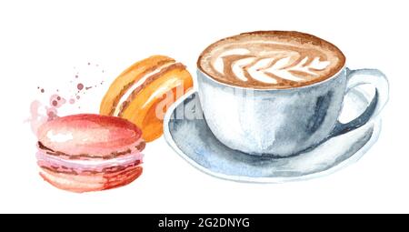 Macaron ou macaron à gâteau français traditionnel, avec café du matin. Illustration aquarelle dessinée à la main, isolée sur fond blanc Banque D'Images