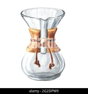 Cafetière en verre, filtre égouttoir pour la préparation du café. Aquarelle illustration dessinée à la main isolée sur fond blanc Banque D'Images