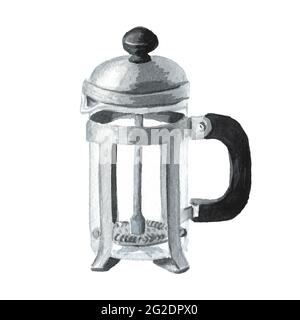 Cafetière à piston vide, appareil pour préparer du café ou du thé. Aquarelle illustration dessinée à la main isolée sur fond blanc Banque D'Images