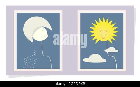 Portrait de femme de jour et de nuit. Moon Stars et Sun Clouds. Illustration vectorielle sur fond blanc Illustration de Vecteur