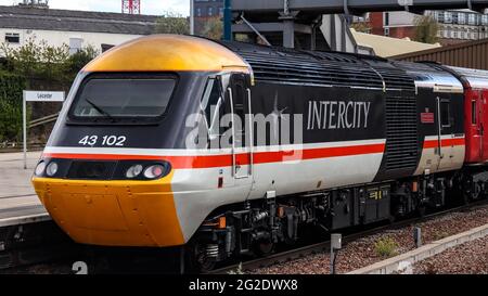 EMR HST 43102 à l'arrière du train à Leicester. Banque D'Images