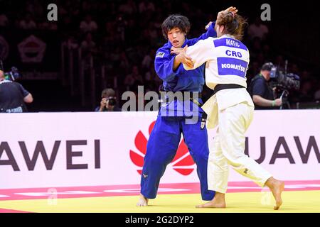 BUDAPEST, HONGRIE - JUIN 10 : Yoko Ono du Japon, Barbara Matic de Croatie pendant les Championnats du monde de judo Hongrie 2021 au Papp Laszlo Budapest Sports Arena le 10 juin 2021 à Budapest, Hongrie (photo de Yannick Verhoeven/Orange Pictures) Banque D'Images