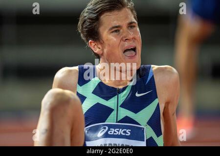 Florence, Italie. Juin 10 2021; Muller Diamond League Grand Prix Athlétisme, Florence et Rome; Jakob Ingebrigtsen (Norvège) après avoir remporté les 5000m mens et avoir enregistré un nouveau record européen Credit: Action plus Sports Images/Alay Live News Banque D'Images