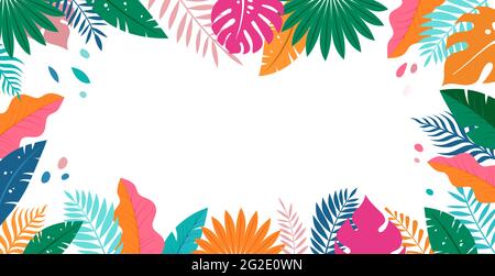 Hello Summer concept design, panorama d'été, illustration abstraite avec feuilles exotiques de jungle, design coloré, fond d'été et bannière Illustration de Vecteur