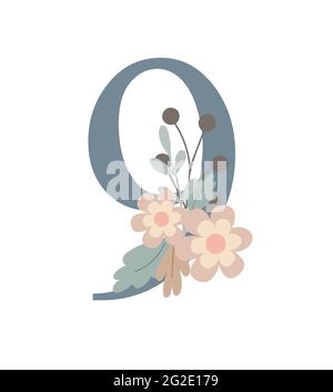 Nombre décoré de fleurs, illustration vectorielle monogramme floral de style boho simple, collection de lettrage décoratif couleur pastel plat Illustration de Vecteur