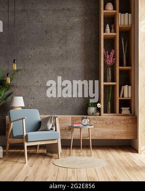 Béton Chambre intérieure avec fauteuil bleu sur fond vide de mur sombre, rendu 3D Banque D'Images