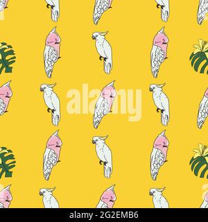 Vecteur jaune chaud fond oiseaux tropicaux, perroquets, plante de fromage exotique, feuilles de monstère. Arrière-plan sans couture Illustration de Vecteur