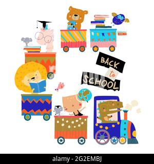 Happy Cartoon animaux à bord de l'école en train Illustration de Vecteur