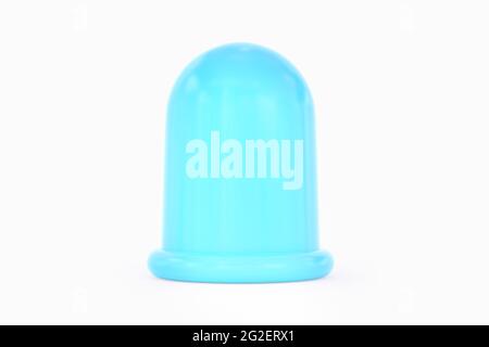 Outil de massage à bulles anti-cellulite en silicone. Tasse anti-cellulite de massage bleue isolée sur fond blanc. Rendu 3D. Vue avant. Banque D'Images