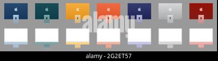 Vinnytsia, Ukraine - June 10, 2021: Set of new Apple iMac 24 inch. Front and back view. Editorial vector isolated on gray background Illustration de Vecteur