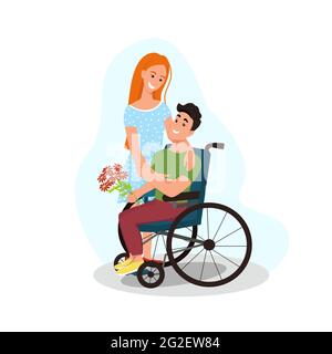 Personnes handicapées. Un jeune homme handicapé donne des fleurs à sa petite amie. Couple amoureux, illustration vectorielle de style plat, dessin animé Illustration de Vecteur