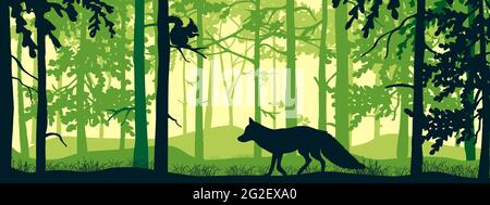 Bannière horizontale du paysage forestier. Renard et écureuil dans la forêt de brume magique. Silhouettes d'arbres et d'animaux. Arrière-plan vert, illustration. Bookm Illustration de Vecteur