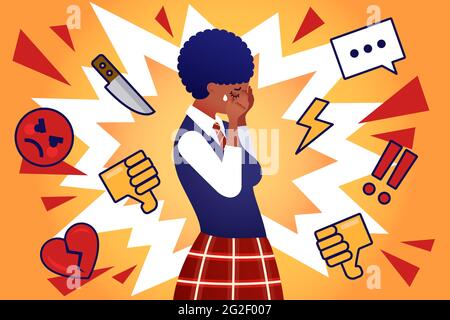 Problème de cyber-intimidation. Le personnage afro-américain de jeune fille d'école pleure à cause des insultes et de moquerie sur Internet. Proportion d'illustrations pop plates Illustration de Vecteur