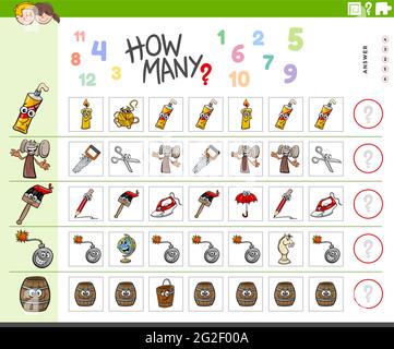 Illustration du jeu éducatif de comptage pour les enfants d'âge préscolaire avec des objets de dessin animé Illustration de Vecteur