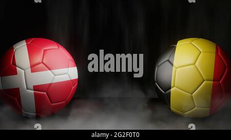 Deux ballons de football en couleurs drapeaux sur fond noir abstrait. Danemark et Belgique. image 3d Banque D'Images