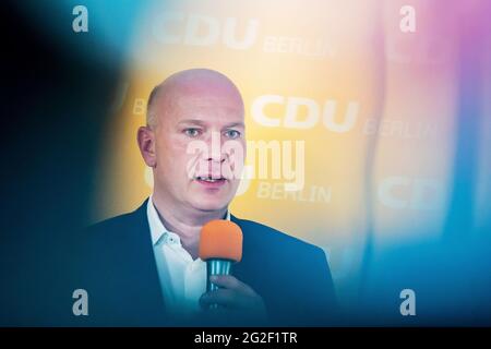 Berlin, Allemagne. 11 juin 2021. Kai Wegner, président d'Etat de la CDU-Berlin et premier candidat pour les élections de 2021 à la Chambre des représentants de Berlin, prend la parole lors de la présentation du projet de programme gouvernemental de la CDU Berlin lors d'une conférence de presse numérique. Credit: Christoph Soeder/dpa/Alay Live News Banque D'Images
