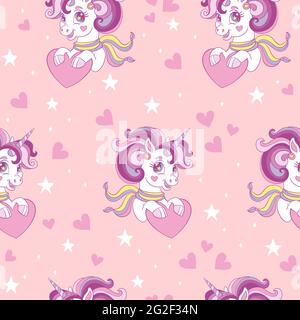 Motif sans couture avec adorable licorne et coeurs sur fond rose. Saint Valentin, fête des mères et concept d'amour. Illustration vectorielle pour l'impression, papier pour bébé Illustration de Vecteur