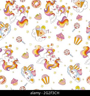 Motif sans couture avec de mignons licornes et bonbons sur fond rose. Illustration vectorielle pour fête, impression, douche de bébé, papier peint, design, décoration, linge, Illustration de Vecteur