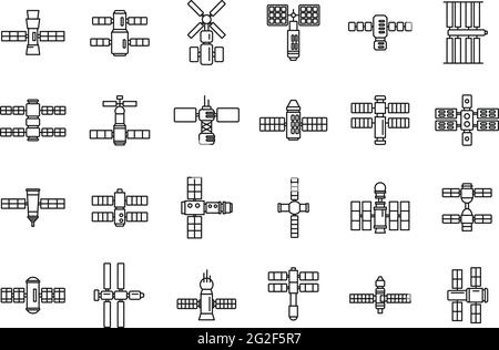 Ensemble d'icônes du système de station spatiale, style de contour Illustration de Vecteur