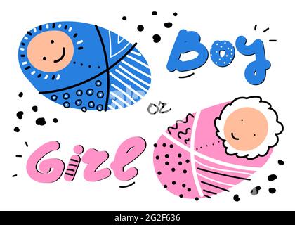 Illustration vectorielle avec lettrage Boy ou Girl. Carte de voeux pour jeunes parents ou femmes enceintes, vacances déterminant le sexe de l'enfant. Main mignonne- Illustration de Vecteur