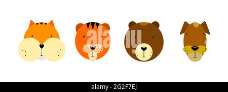 Ensemble de visages d'animaux de kawaii. Joli hamster, tigre, ours, chien isolé sur fond blanc. Caractère animal stylisé. Collection emoji, autocollants, tirages. Illustration de Vecteur