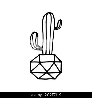 Doodle Cactus dans un pot à facettes. Succulent à la main et grace avec pot de fleurs en polyéthylène. Contour noir d'une plante d'origine isolée sur un fond blanc. Mignon Illustration de Vecteur