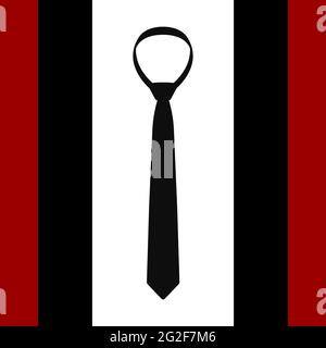 Affiche de cravate simple. Cravate noire silhouette sur fond rayé, ligne rouge. Élément de vêtements. Symbole des vêtements élégants, code vestimentaire, style bureau, bustiin Illustration de Vecteur