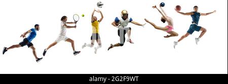 Collage sportif. Tennis, basket-ball, football américain, volley-ball, gymnastique, course à pied, hommes et femmes en mouvement Banque D'Images