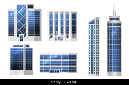 Ensemble de bâtiments urbains isolés pour créer un paysage urbain moderne, conception plate. Bureau d'affaires, maisons, centre commercial avec panneaux de bois. Vecteur Ill Illustration de Vecteur