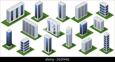 bâtiments urbains modernes en 3d. Modules de ville isométriques isolés avec de grandes maisons, des immeubles de bureaux, des gratte-ciel. Défini pour le constructeur de paysage urbain Illustration de Vecteur