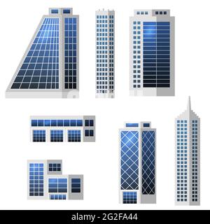 Ensemble de bâtiments urbains isolés pour créer un paysage urbain moderne, conception plate. Bureau d'affaires, maisons, centre commercial avec panneaux de bois. Vecteur Ill Illustration de Vecteur